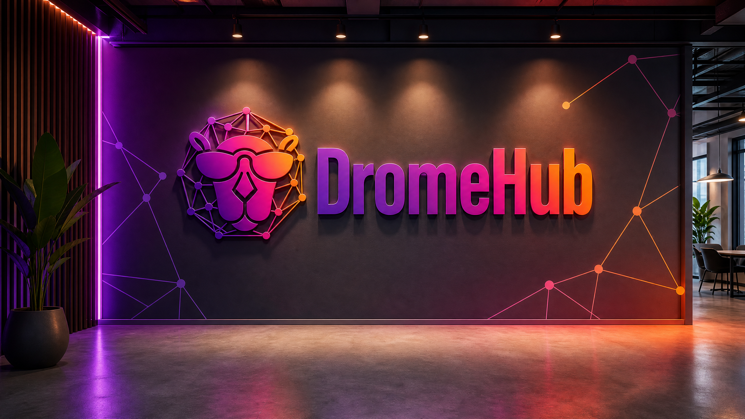 The DromeHub team collaborating under illuminated signage