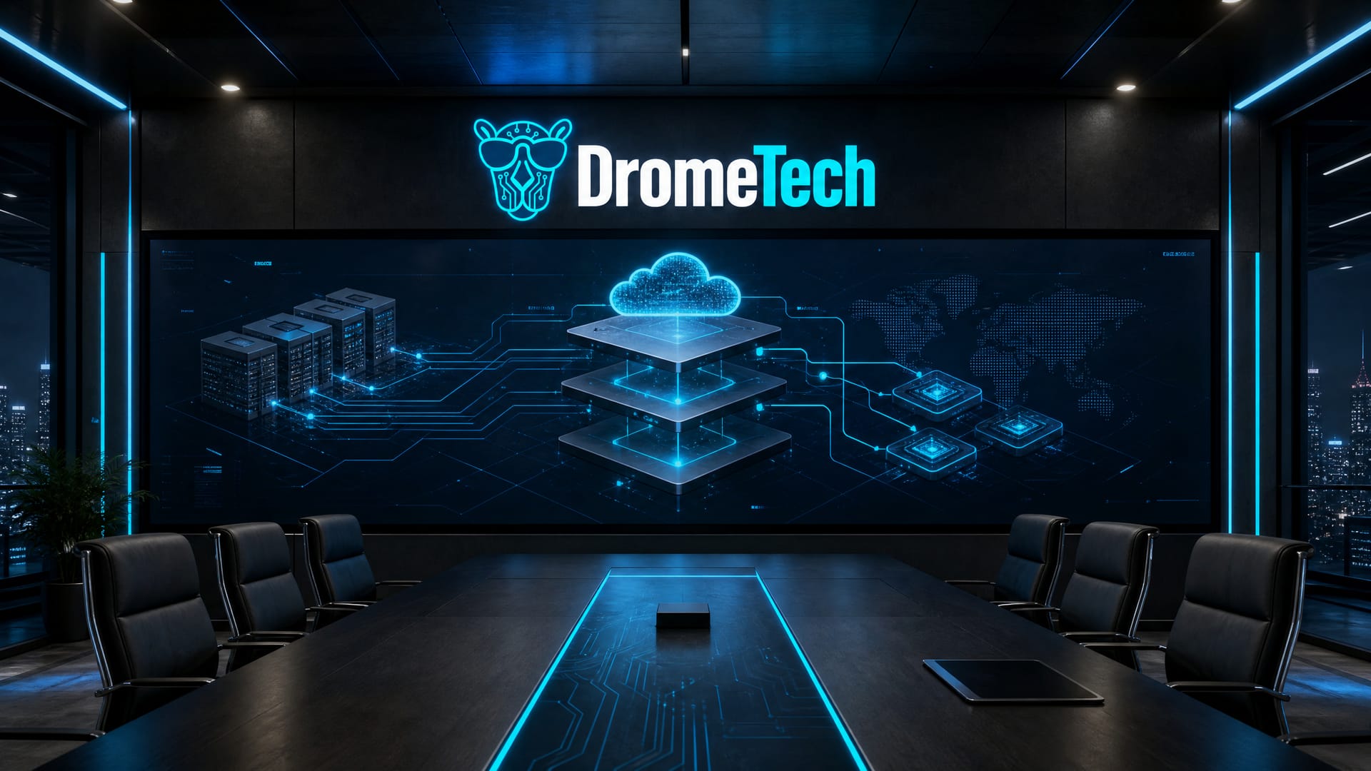 DromeTech team working in a technology boardroom